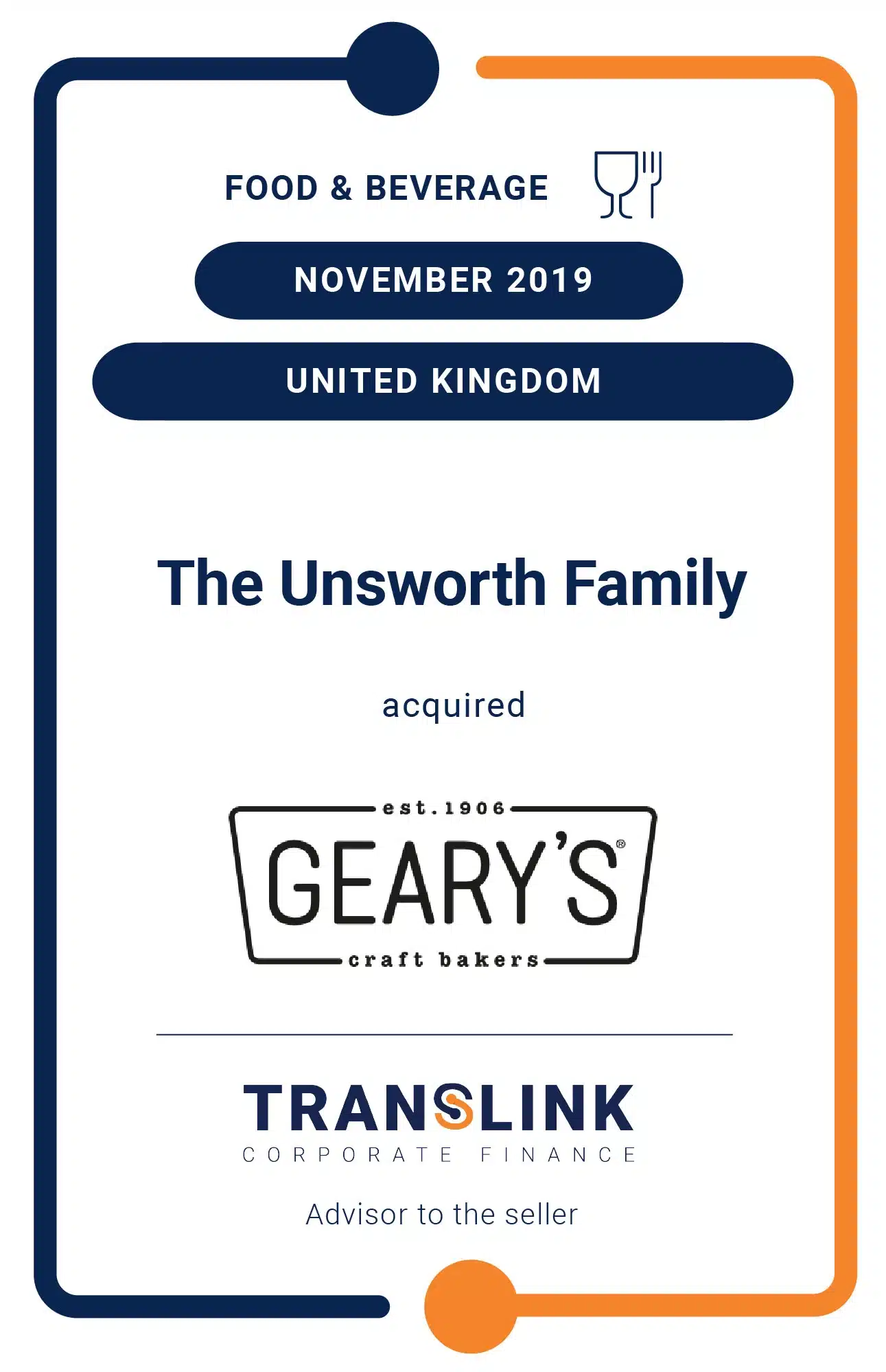 Translink acted as financial advisor to Geary´s Bakeries – Unsworth family has acquired an undisclosed majority stake in Geary’s bakeries. Jason Geary will retain a significant equity stake in Geary’s