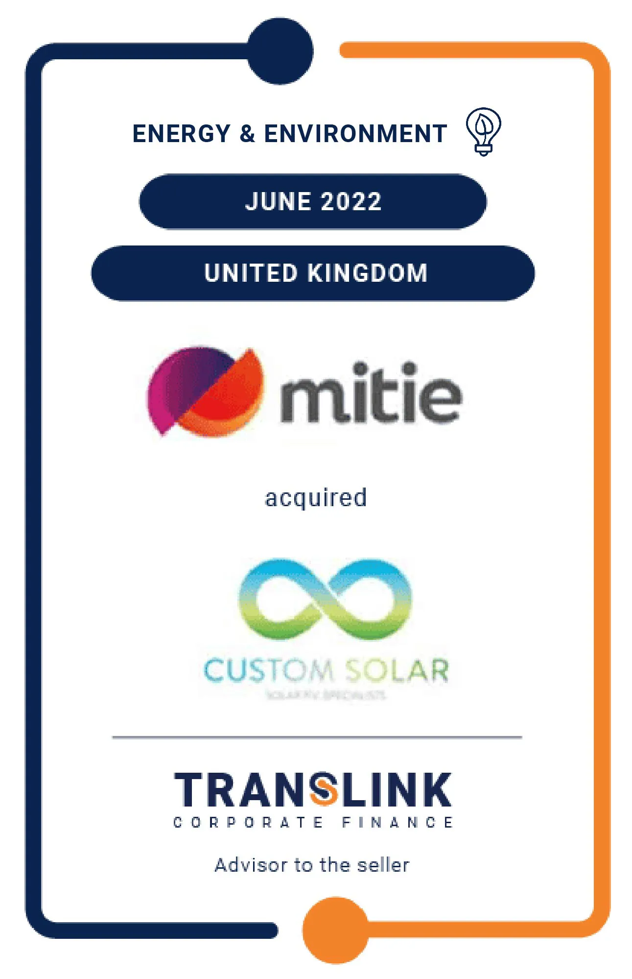 Translink Corporate Finance acted as the exclusive advisor to Custom Solar’s shareholders on the sale to Mitie
