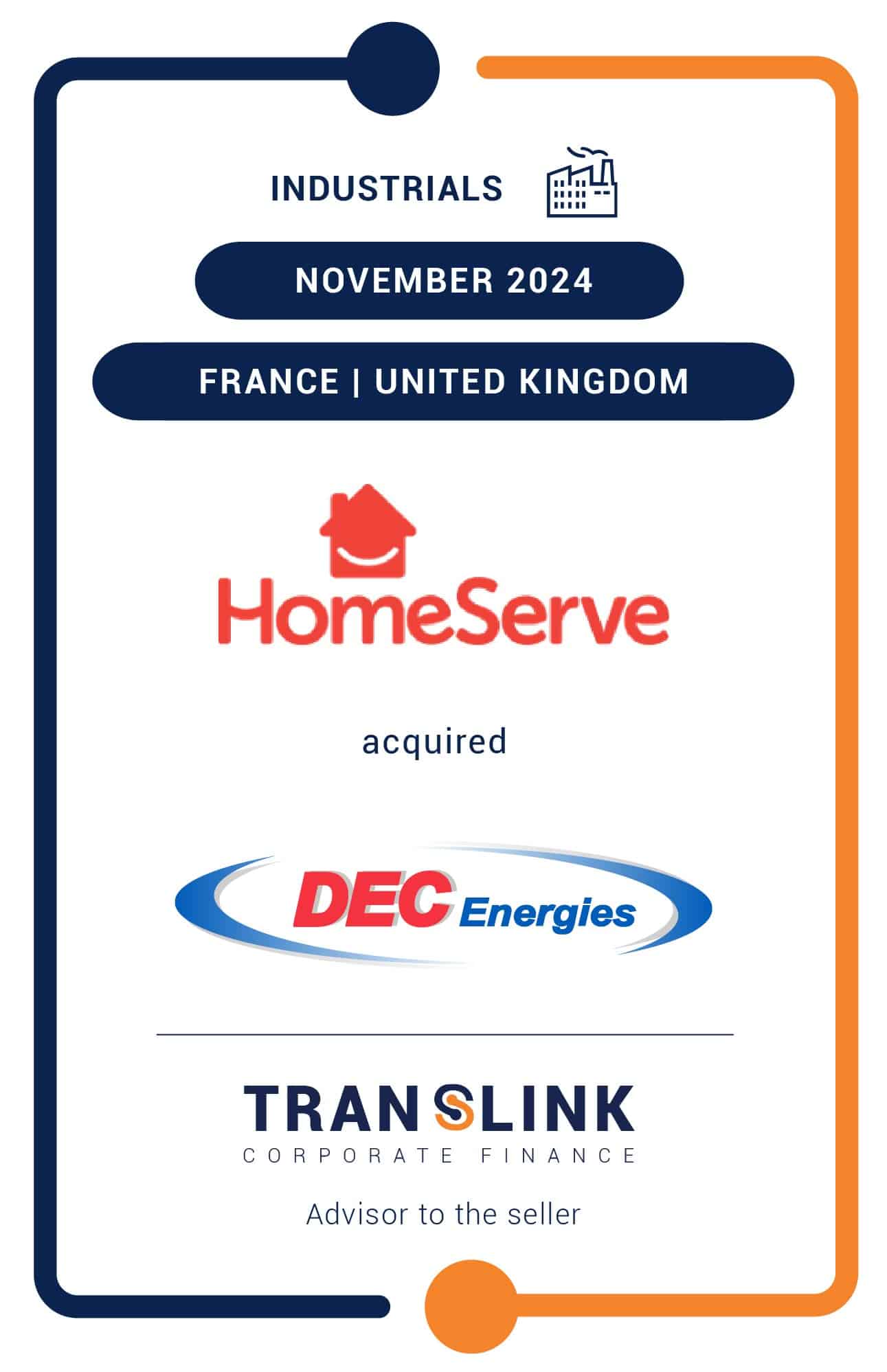 Translink Corporate Finance acted acted as the advisor to the majority shareholder of DEC Energies on the sale to HomeServe