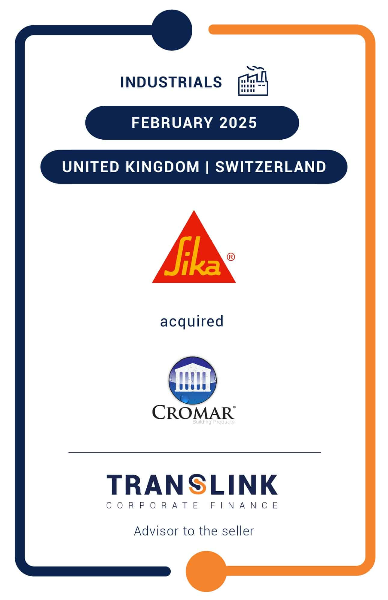 Translink Corporate Finance acted as the advisor to Cromar Building Products on the sale to Sika